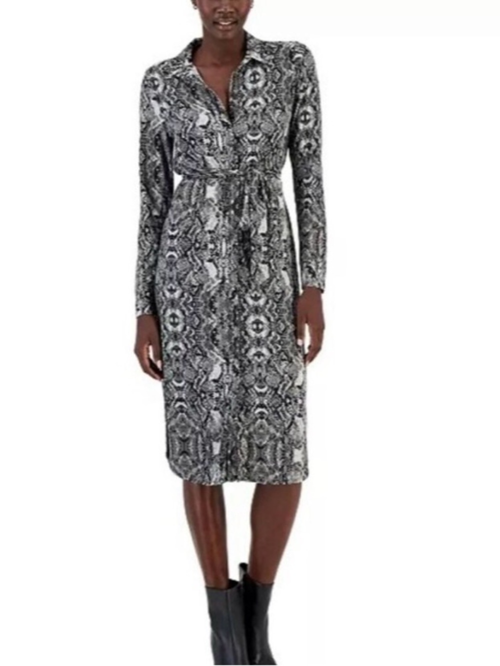 Black Gray Snake Print Silk Shirtdress